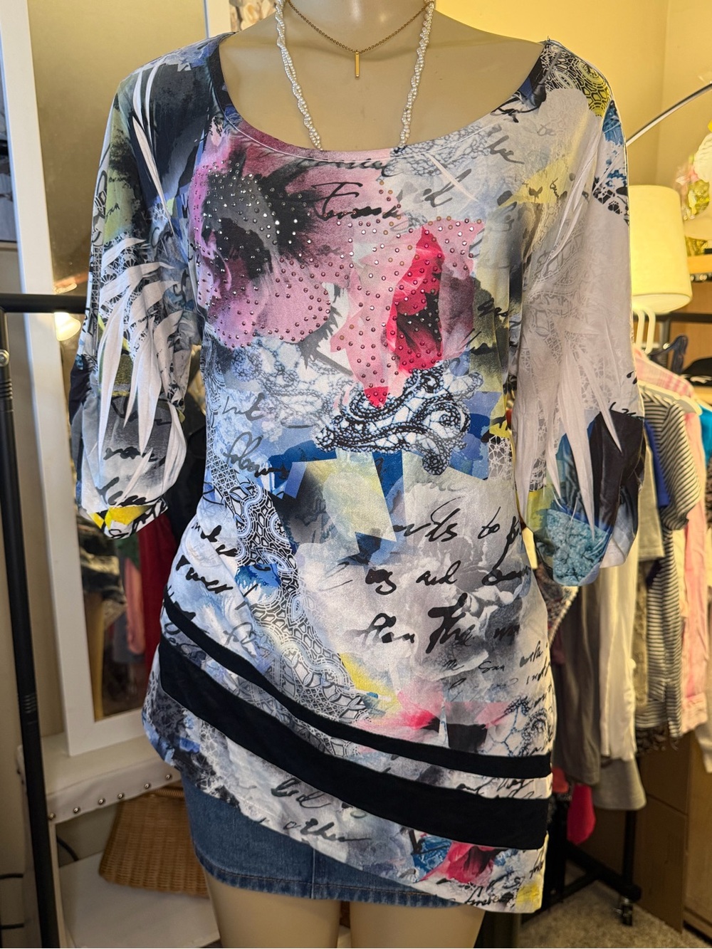 Style & Co Asymmetric Blouse Size L Y2K Abstract Rhinestone Top